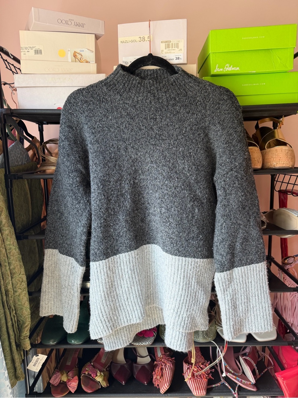 Michael Kors Charcoal and Light Gray Colorblock Mock Neck Sweater